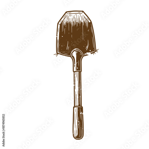 Drawing Vintage Brown shovel with handle on white background  gardening tool