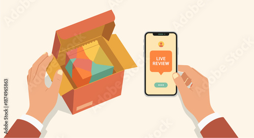 Hands hold a smartphone displaying a live review notification next to an open delivery box containing colorful packages, symbolizing modern unboxing experiences and online feedback.