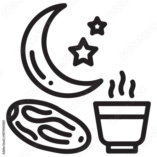 Monochromatic Line Art: Crescent Moon, Stars, Date, Steaming Cup Icon