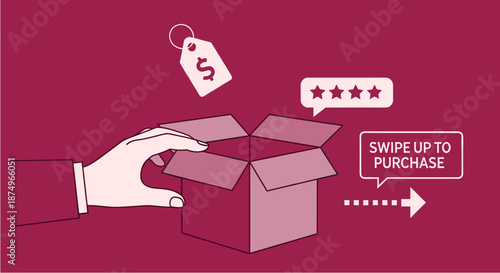 An engaging illustration depicts a hand interacting with an open box, featuring a price tag, customer review, and a clear call to action for online purchasing.