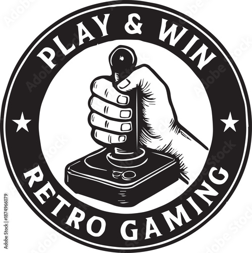 Retro gaming logo with hand holding joystick