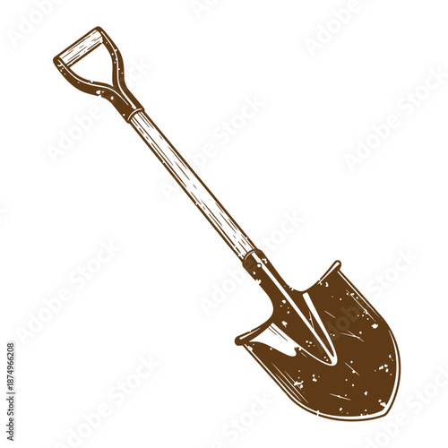 Drawing Vintage Brown shovel with wooden handle on white background  digging tool