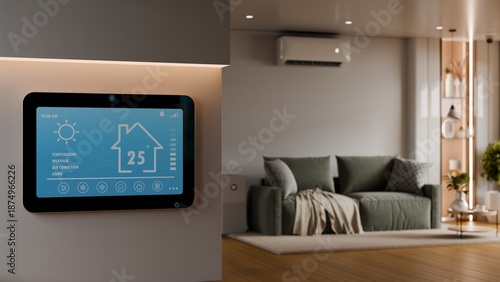 Smart home digital thermostat interface on wall with blurred modern living room background for energy saving concept- 3D rendering
