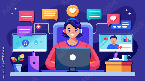 A woman is sitting at a desk with a laptop and two monitors. She is smiling and she is enjoying her work. The scene suggests a positive and productive atmosphere