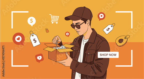A stylish young man in sunglasses and a cap unboxing a package, surrounded by e-commerce icons, symbolizing online shopping and delivery.