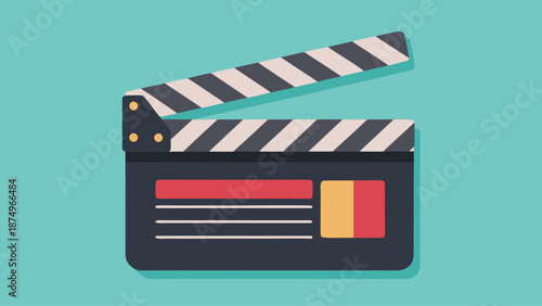 A black and white movie clapperboard with red and yellow stripes. The clapperboard is on a blue background