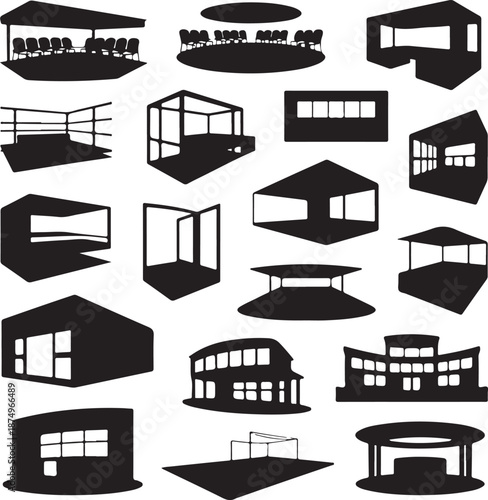 Black silhouettes of various stage and theater settings and venues