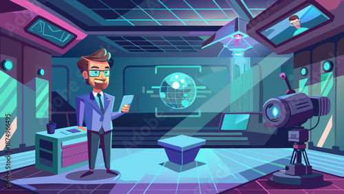 A man in a suit is standing in front of a computer monitor. He is holding a cell phone in his hand. The room is brightly lit and has a futuristic feel to it