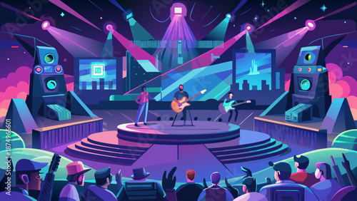 A concert stage with a band performing in front of a crowd. The stage is lit up with bright lights and the audience is watching intently