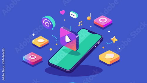 A cell phone with a play button on it is surrounded by a colorful array of icons. The icons include music, social media, and other apps. Concept of a modern, tech-savvy lifestyle