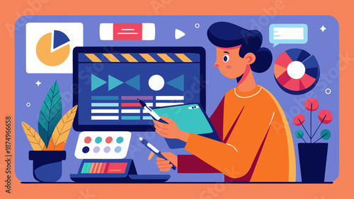 A woman is sitting at a desk with a computer monitor and a tablet. She is holding a pen and a pencil. The image is of a woman working on a project, possibly a drawing or a design