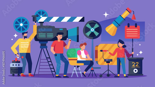 A group of people are working on a film set. There are two men sitting in chairs, one of them holding a camera. A woman is standing and holding a clipboard. The scene is set in a studio