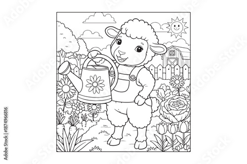 Sheep colouring page illustration, Sheep black outline vector  