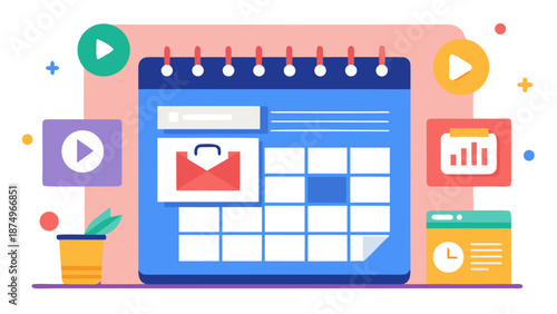 A colorful calendar with a picture of a suitcase on it. The calendar is full of pictures and icons, including a clock, a plant, and a laptop