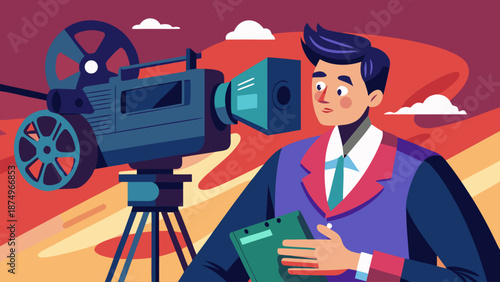 A man is holding a clipboard and looking at a camera. The camera is on a tripod and is in the foreground. The man is dressed in a suit and tie. Scene is professional and serious