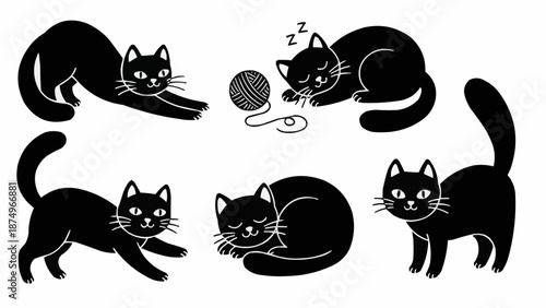 Collection of cute black cats in various poses and activities.