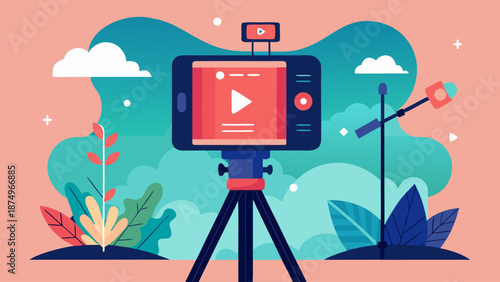 A camera is set up in front of a tree, with a microphone and a tripod. The camera is recording a video, and the scene is set in a natural environment