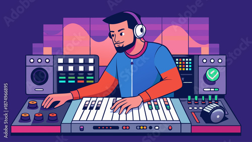 A man is playing a keyboard in front of a large sound board. He is wearing headphones and he is focused on his music. Concept of creativity and passion for music