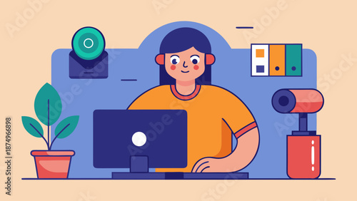 A woman is sitting at a desk with a laptop and a camera. She is smiling and she is working. The desk is cluttered with various items, including a potted plant, a keyboard, and a mouse