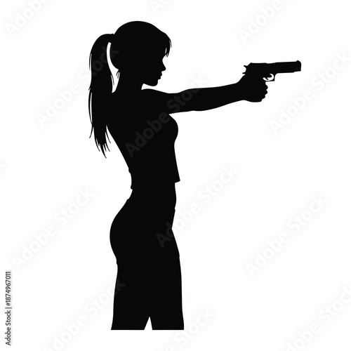 Black shooter silhouette vector, tactical handgun aim design, armed defense icon in black and white