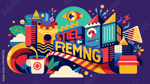 The image is a colorful and artistic representation of the word "Steil Remming." The design features various elements such as buildings, a cup, and a tree, all arranged in a visually appealing manner