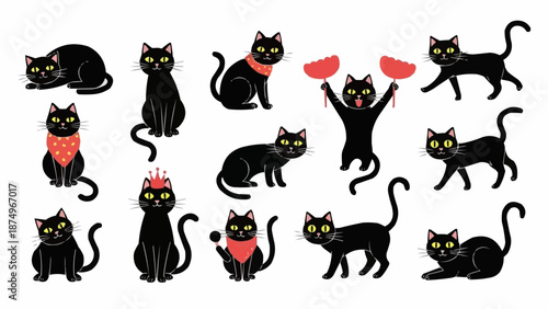 Collection of cute black cats in various poses and outfits.