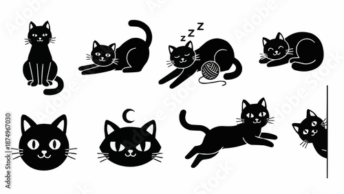 Collection of cute black cat illustrations in various poses and expressions.