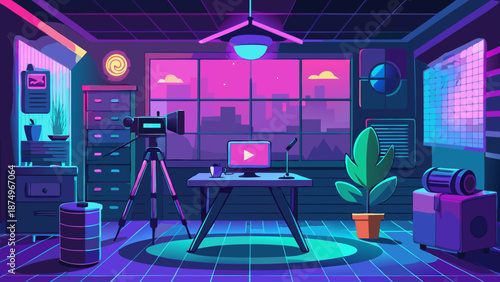 A neon colored room with a desk and a potted plant. The room is designed to look like a video game studio