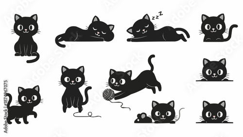 Collection of cute black cat illustrations in various poses.