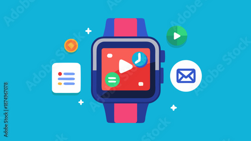 A watch with a red face and a blue band. The watch has a number of icons on it, including a clock, a calendar, and a stopwatch