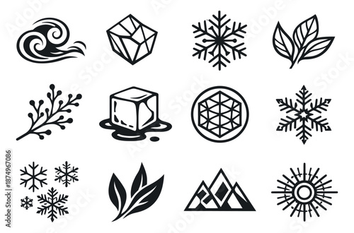 Graphic line art natural elements set featuring water, ice, snow, plants, mountains and sun for seasonal and environmental design