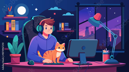 A man is sitting at a desk with a cat on his lap. He is wearing headphones and is using a computer. The room is dimly lit, and there are several books scattered around the desk