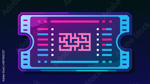 A ticket with a maze on it. The ticket is purple and blue