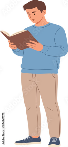 Illustration of a man reading a book in a relaxed environment from a straightforward viewpoint