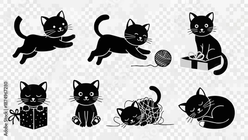 Collection of Cute Black Cat Silhouettes in Various Poses.