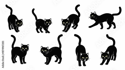 Collection of cute black cats in different poses.