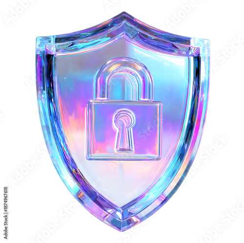 Gleaming holographic shield with a padlock icon symbolizing robust digital security and data protection isolated on transparent background