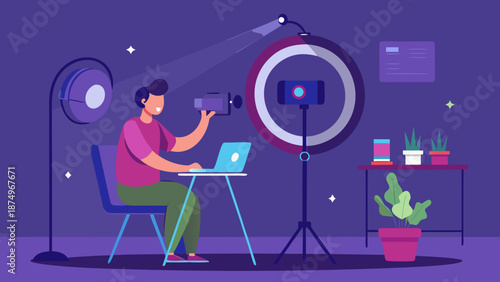 A man is sitting at a desk with a laptop and a camera. He is recording a video