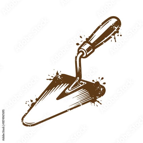 Drawing Vintage Brown trowel with paint splatters on white background  construction tool