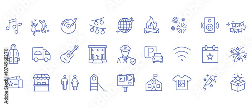 Party icon set. Containing birthday, wedding party, dancing, happy new year, week, Christmas, event, holiday, carnival, life music, celebration and more. Editable line icons. Vector illustration.