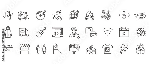 Party icon set. Containing birthday, wedding party, dancing, happy new year, week, Christmas, event, holiday, carnival, life music, celebration and more. Editable line icons. Vector illustration.