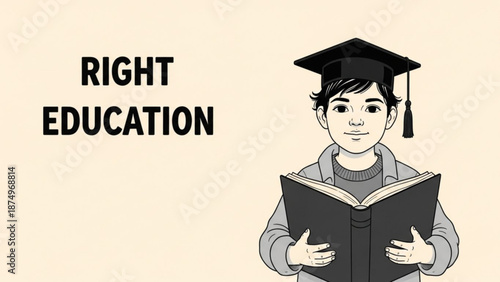 Young student in graduation cap holding open book symbolizing the right to education and knowledge acquisition isolated on beige background