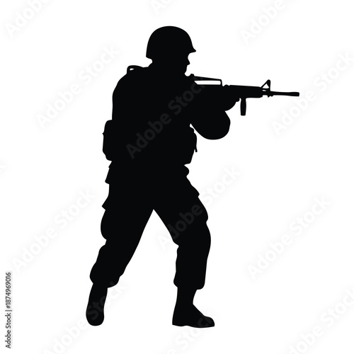 Black soldier silhouette vector, armed rifle combat stance design, military tactical icon in black and white