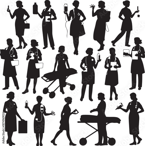 collection of female medical workers in various poses and uniforms