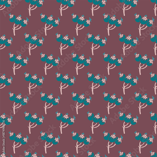 Burgundy Teal Berry Sprig Pattern