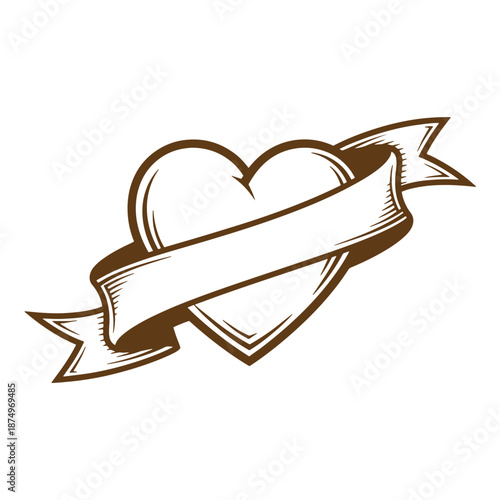 Drawing Vintage heart shape with white banner across it in brown outline on white background