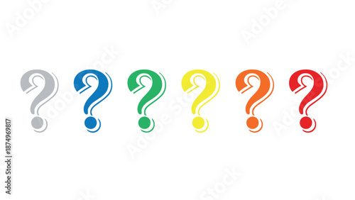 A colorful array of question marks on a white background