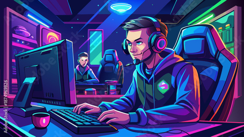 A man is playing a video game in a room with other people. He is wearing headphones and a hoodie