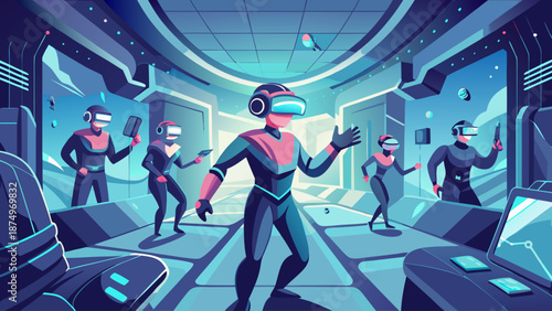 A group of people are playing a video game in a virtual reality setting. The game is a first person shooter and the players are wearing virtual reality headsets. Scene is intense and action-packed