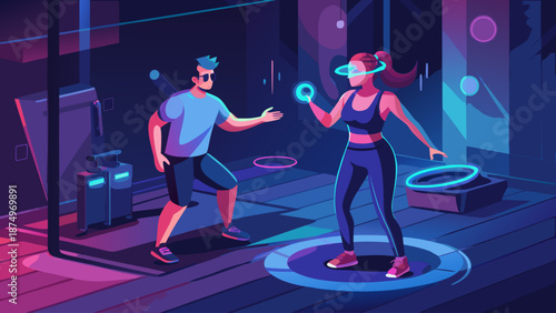 A man and a woman are playing a video game together. The man is wearing a blue shirt and shorts, and the woman is wearing a black tank top and blue pants. They are both holding controllers